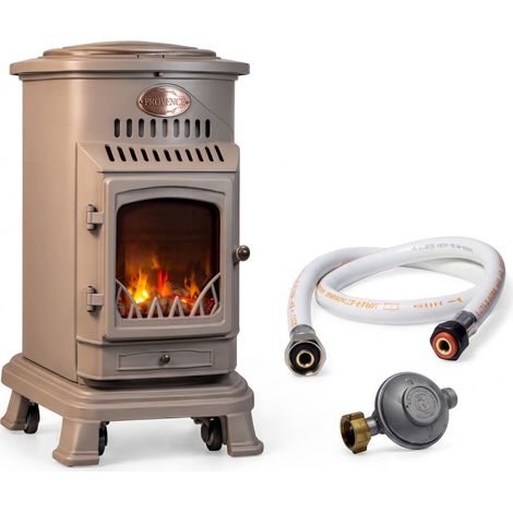 Universal – Poêle à gaz 3,4 kW en fonte véritable – Couleur marron miel – Détendeur butane et tuyau inclus – Pour espaces de 40-80m²