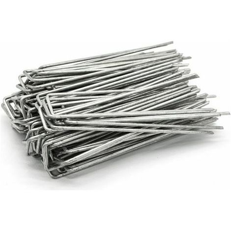 Set 100 Piquets en acier galvanisé Ø3.0mm 150x30mm ancrage au sol pour bâches filets de jardinage en U Anguleux (1/4)