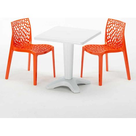 Tavolino Quadrato Bianco 70x70 cm con 2 Sedie Colorate Gruvyer Patio - Arancione