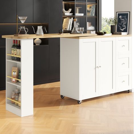 Bartischschrank 135x39x106-203x39x104 cm weiß MDF drehbar auf Rollen mit Stauraum (1/5)
