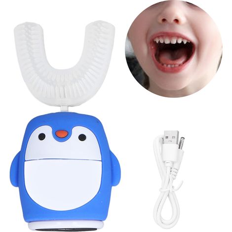 Brosse à dents électrique buccale en forme de U, motif pingouin bleu, brosse à dents pour enfants, brosse à dents rechargeable à poils souples pour enfants (1/5)