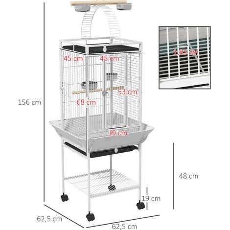 Grande cage à perroquet blanche 62,5x62,5x156cm trois portes deux perchoirs roulettes 360° mangeoire plateau perchoir externe, habitat luxueux pour oiseaux (1/5)