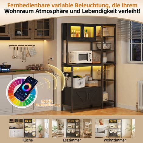 Étagère bar lumineuse LED avec prises, meuble cuisine micro-ondes, rangement pour verres à vin, armoire 180x115 cm (1/4)