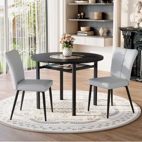 Set tavolo rotondo 100 cm in MDF e vetro temperato con 2 sedie in PU grigio chiaro (1/5)