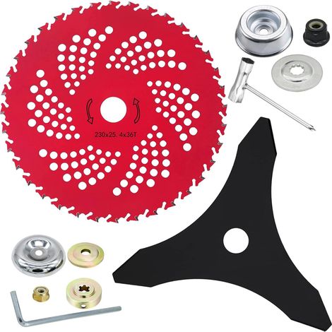 Ensemble de lames de scie en alliage rouge de 9 pouces pour débroussailleuse – Comprend une lame à 3 dents et le matériel de montage accessoire universel pour le débroussaillage, le désherbage et les (1/4)