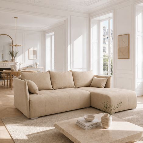 NESIA - Canapé d'angle convertible 4 places en tissu - 215 cm - avec coffre de rangement - Beige (1/5)