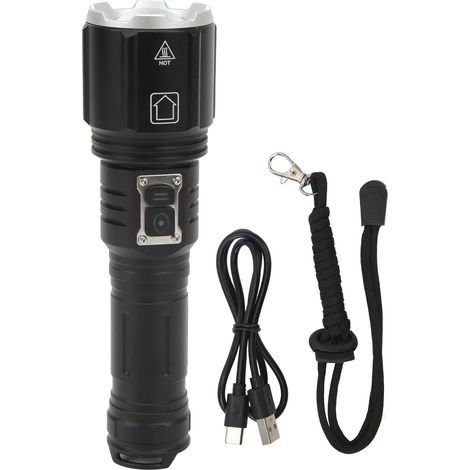 Lampe torche LED super lumineuse, double interrupteur, antidérapante, étanche, rechargeable USB Type C, pour camping extérieur (1/5)