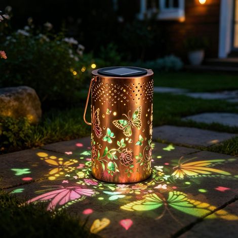 Solar Lantern Outdoor Colorful Butterfly IP44 Garden Patio Lantern Solar Lights Outdoor Metal Hollow with Handle for Patio Lawn Decoration (1/5)