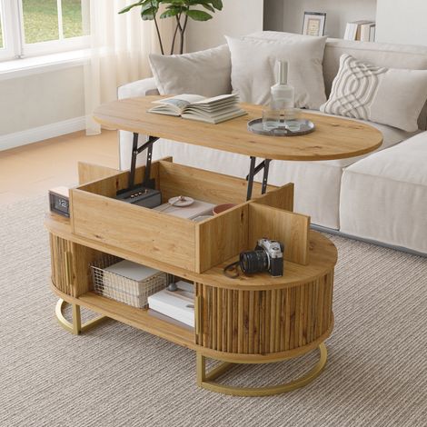 Table basse ovale 100x50x64cm - plateau relevable - porte coulissante - rangement - acier - MDF - coloris naturel (1/5)
