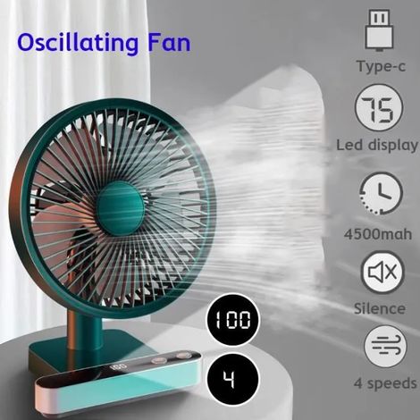 Ventilateur Silencieux Oscillant - Ventilateur de Bureau USB Portable à Batterie de 4000 mAh,4 Vitesses 180° Oscillation Vert (1/4)