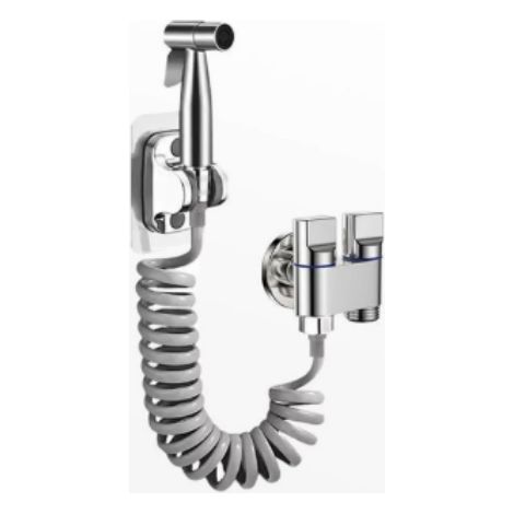 Pommeau de douche à main, pistolet pulvérisateur 304 + tuyau en acier inoxydable de 1,5 m + support + mini vanne d'angle à double commande (1/5)