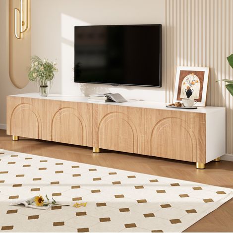 Mobile TV 180 x 35 x 40 cm con 4 ante, rilievo arcuato, piedi in metallo, naturale e bianco DESVIAE (1/5)