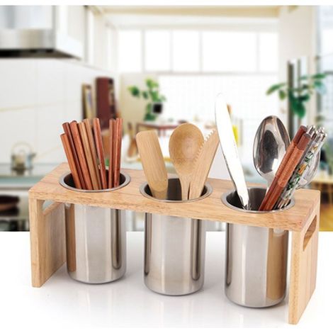 Boîte de rangement pour couverts en acier inoxydable 304 avec petits trous de drainage au fond, dotée d'un cadre en bois. (1/5)