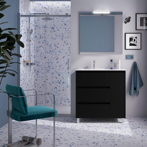 Ensemble complet Noja 850 3 tiroirs et 1 porte droite Noir Satin + meuble vasque + miroir + lampe 1 1 (1/3)