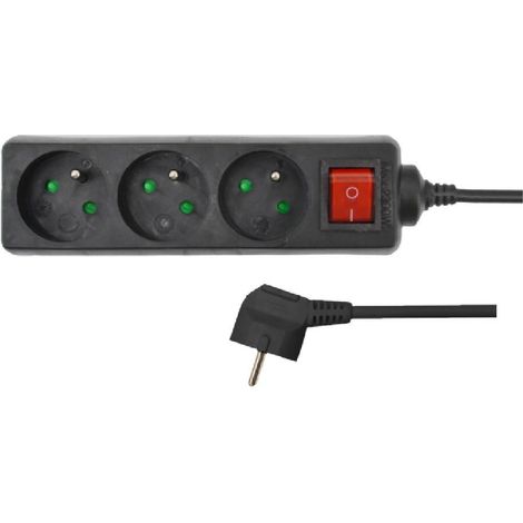Rallonge électrique AWTOOLS pour la maison, noire, 4 prises, 5 m, avec mise à la terre et interrupteur. (1/2)