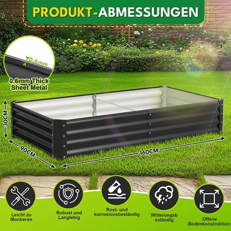 Randaco Aiuola rialzata in acciaio zincato 160x90x30cm, spessore 0,6mm, fioriera per ortaggi resistente alle intemperie e ruggine, fondo aperto, Nero