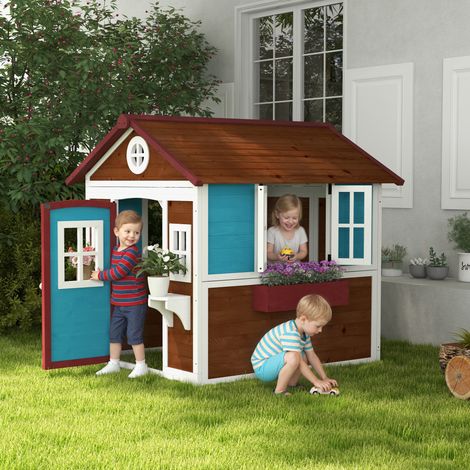 Maisonnette pour enfants de 3 à 8 ans avec toit inclinable, pots et jardinières, en bois de sapin, 114 x 126,4 x 135 cm (1/5)