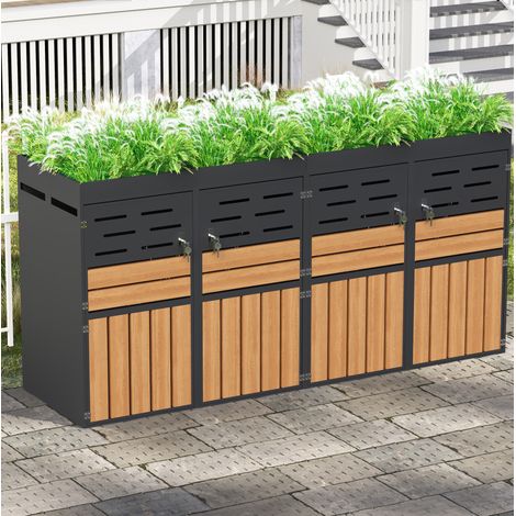 Cache-poubelle extérieure 264x80x128 cm avec jardinière intégrée, 4 portes, ventilation à lamelles, métal gris (1/5)