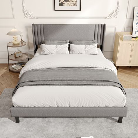 Lit Double 140x200 cm en Tissu Lin, Lit  Adulte avec Rangement Sous le Lit, Tête de Lit à Canaux, Sommier à Lattes, Gris (1/5)