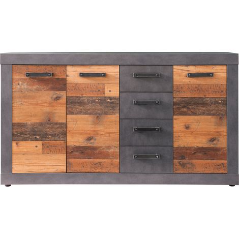 Indy Kommode 3 Türen, 4 Schubladen grau Eiche Dekor, Old Wood Dekor.