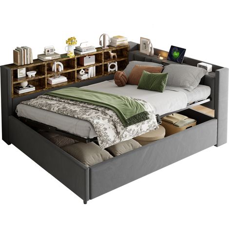 Canapé-lit 140x200 cm en velours gris foncé avec rangement hydraulique, tête de lit éclairée, ports USB et Type-C, niches latérales - CHICFURN (1/5)