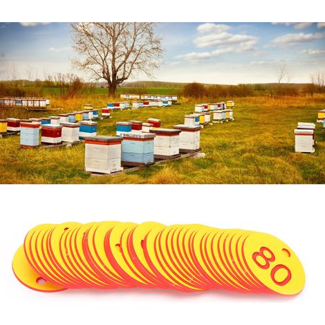 Lot de 50 étiquettes rondes numérotées en ABS avec trou pour ruches, accessoire pour l'élevage, rouge et jaune. (1/5)
