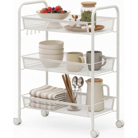Desserte de cuisine blanche à trois niveaux avec paniers métalliques amovibles, chariot de rangement en acier à roulettes, 45 x 26,5 x 63 cm (1/5)
