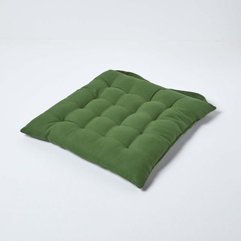 HOMESCAPES Dark Olive Plain Seat Pad with Button Straps 100% Cotton 40 x 40 cm