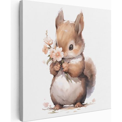 Tableau toile Enfants Carré - Écureuil Fleurs - 30x30 cm (1/2)
