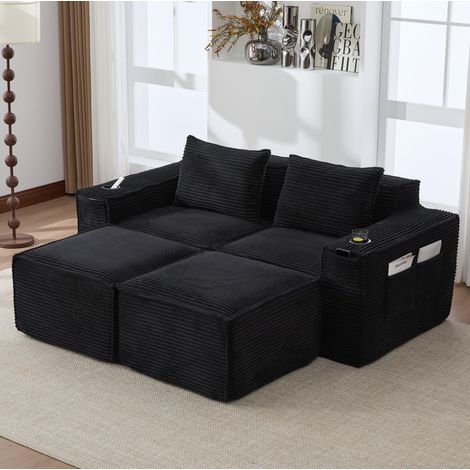 Canapé modulable 2 places en corduroy noir avec 2 poufs, porte-gobelets et poches latérales (1/5)