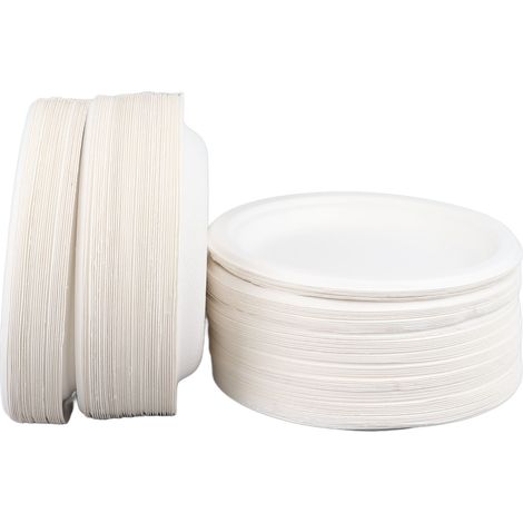 125 assiettes en papier jetables et compostables de 15 cm (6 pouces) pour desserts, idéales pour les réunions de famille, les pique-niques et les fêtes d'anniversaire. (1/5)