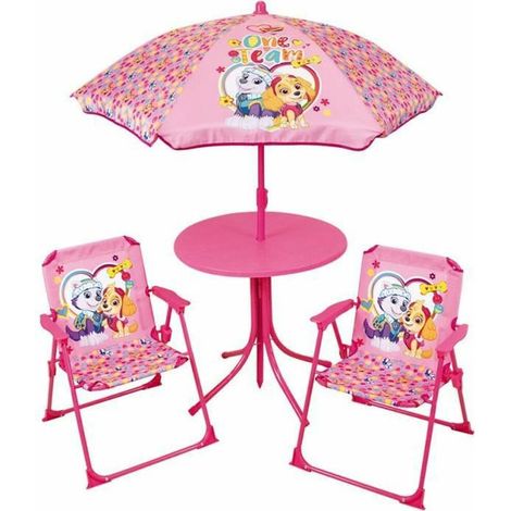 FUN HOUSE PAT'PATROUILLE Salon de jardin - 1 table 46xø46 cm, 2 chaises H.53xl.38,5xP.37,5cm et 1 parasol