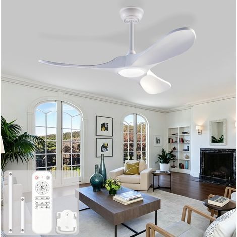 Ventilateur de plafond 52 pouces avec éclairage LED, pales blanches en bois massif, télécommande, moteur réversible (1/5)