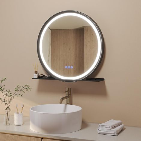 Badspiegel Runder schwarz mit Beleuchtung und Ablage 60x60 cm 3 Lichtfarben dimmbar Aluminium Rahmen Antibeschlag Touch modernes Schrägdesign IP44