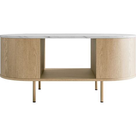 Mesa de centro Comfivo Livtena, Mármol blanco + Dorado, 45x52x100cm, Diámetro: 0, MDF, Ovalada