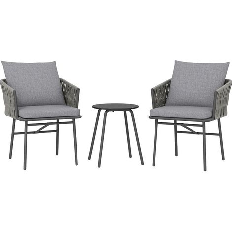 Ensemble de mobilier de jardin 3 pièces, 2 chaises, 1 table, style bistro, rotin synthétique, structure en acier, table en métal, 4 coussins, gris (1/4)