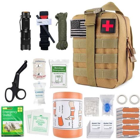 Aktionsangebot: Komplettes taktisches Militär-Erste-Hilfe-Set – Hergestellt in Frankreich, CE-zertifiziert + kleine Tasche + Schultergurt + Zeckenentferner + Überlebensarmband – Ideal für Wandern, Rei (1/5)
