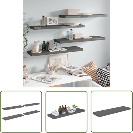 lot de 4 Étagères murales, Étagères flottantes, Support mural stable, pour Salon Gris brillant 90x23,5x3,8 cm MDF ASD82220