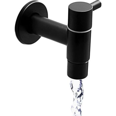 Schwarzer Edelstahl-Wasserhahn, Ausgussbecken-Wasserhahn, Kaltwasser-Wandarmatur, Retro-Spülbecken-Wasserhahn, schwarzer Wand-Wasserhahn, geeignet für Balkone, Badezimmer, Küchen und Gärten. (1/4)