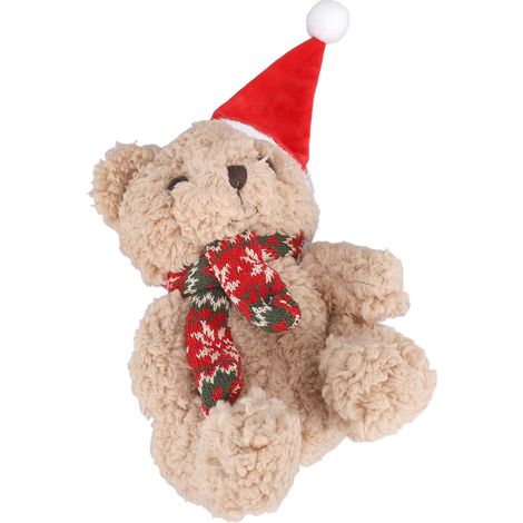 Ours en peluche de Noël de 23 cm avec bonnet de Père Noël, peluche décorative pour Noël, écharpe rouge de Noël. (1/5)