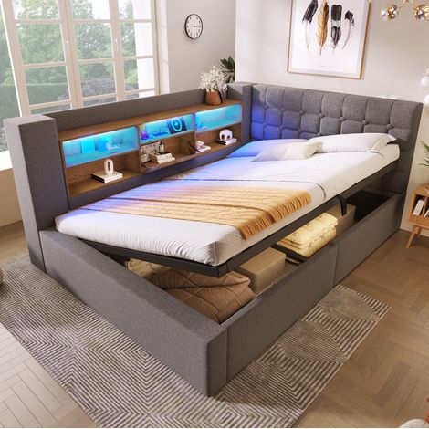 Bett 140x190 cm aus grauem Leinen mit LED und Stauraum, für kleine Räume, ohne Matratze – MEUBLIV (1/5)