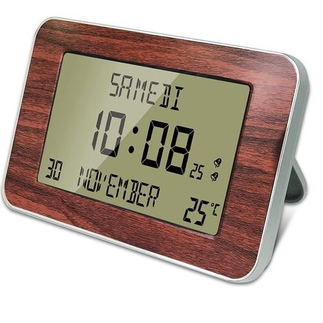 Horloge Réveil Numérique Murale Radiopilotée - Calendrier Date Jour et Heure - Grands Chiffres - 6 Langues - 2 Alarmes - Température Ambiante - Murale ou sur Pied