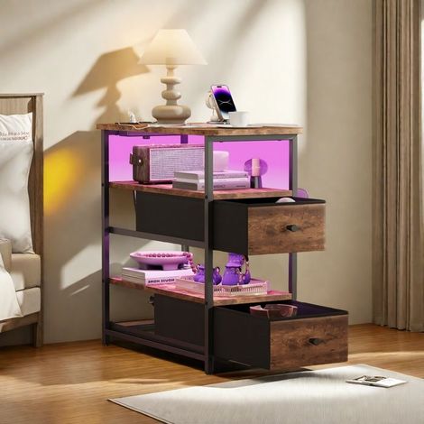 Beistelltisch - Set aus 2 - Konsolentisch - Beistelltisch - Industrial Couchtisch mit 2 Schubladen und LED - Nachttisch - Braun