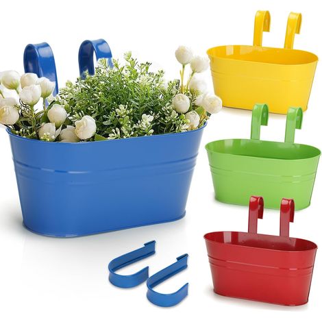 27 cm Pots de Fleurs en métal à Suspendre 4 pièces, Grand Pot Fleur Suspendre Metal pour intérieur extérieur Balcon clôture - avec Crochet Amovibles-4 Couleur