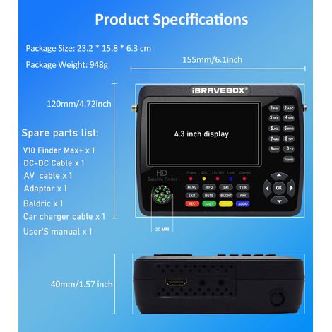 IBRAVEBOX V10 Finder Max + Misuratore digitale portatile per segnale TV satellitare HD DVB-S/S2/S2X con display LCD da 4,3 pollici e codifica H.265 per la regolazione della parabola satellitare. (1/5)