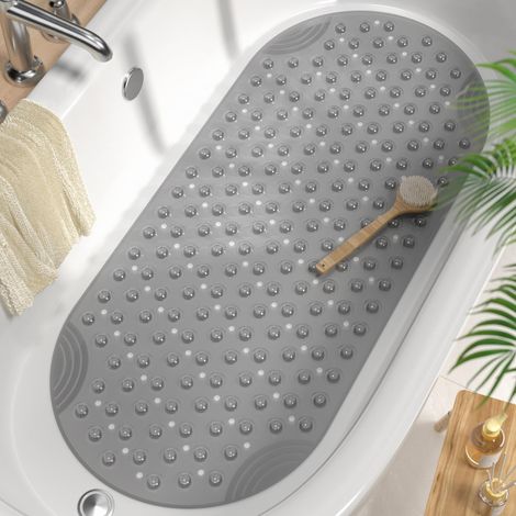 Ovale Tapis de Baignoire Antidérapant 88 x 40 CM,Salle de Bain Résistant aux Moisissures Tapis de Bain, Lavable en Machine Tapis de Douche sans BPA, Gris translucide (1/5)