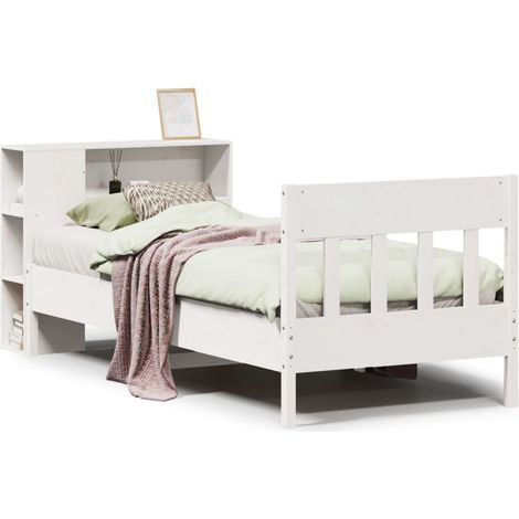 Lit simple  Lit adulte  Lit bibliothèque sans matelas blanc 75x190cm bois de pin massif