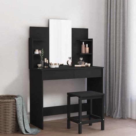 Coiffeuse avec miroir noir, 2 tiroirs et 4 étagères, 96 x 39 x 142 cm - PANGIVO (1/5)