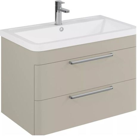 Balterley Calwich Contemporary Bathroom Wall Hung Vanity Basin Unit with 2 Drawers & 1 Tap Hole Polymarble Basin, Pebble Grey, 800mm