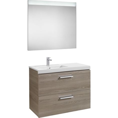 Conjunto de mueble con 2 cajones, lavabo y espejo con luz LED PRISMA - ROCA Color: Fresno - Posición del lavabo: Izquierda (1/2)